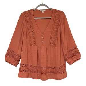 Pale Sky Womens Blouse Orange Medium Swiss Dot Crochet Lace Boho‎ Babydoll